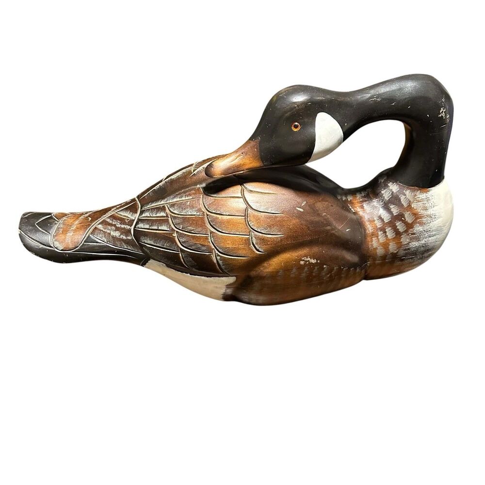 Vintage 1986 Hand Carved Wood Canada Goose Decoy 23in Preening Glass Eyes Large - Picture 11 of 15